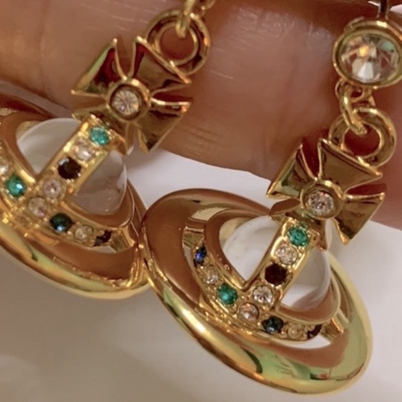 18k gold plated crystal signature Saturn Orb drop earrings new - Picture 5 of 8